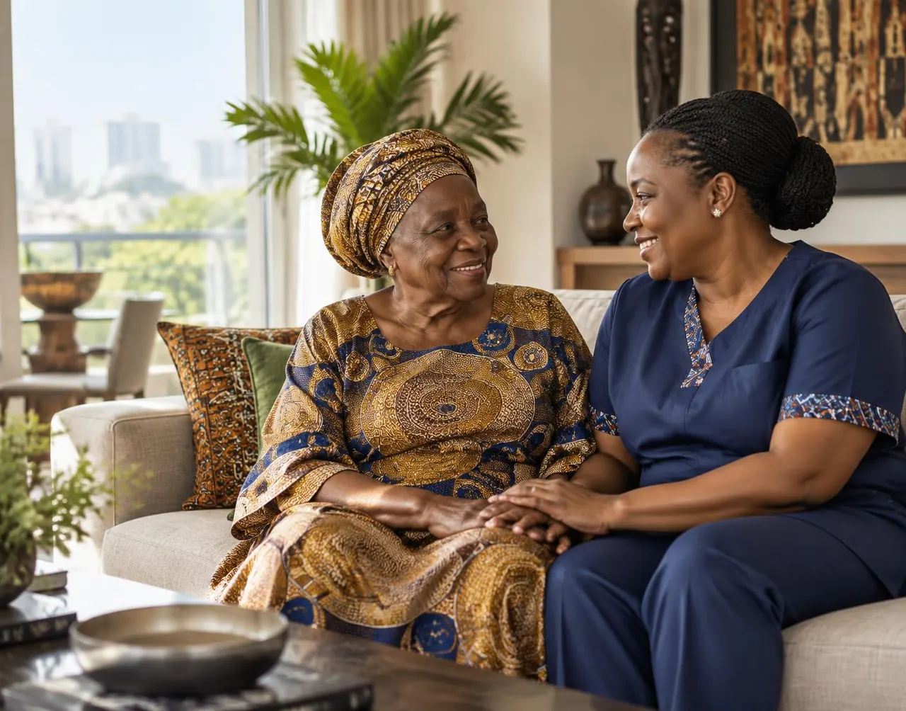 An older Nigerian woman sharing a warm conversation with a care professional