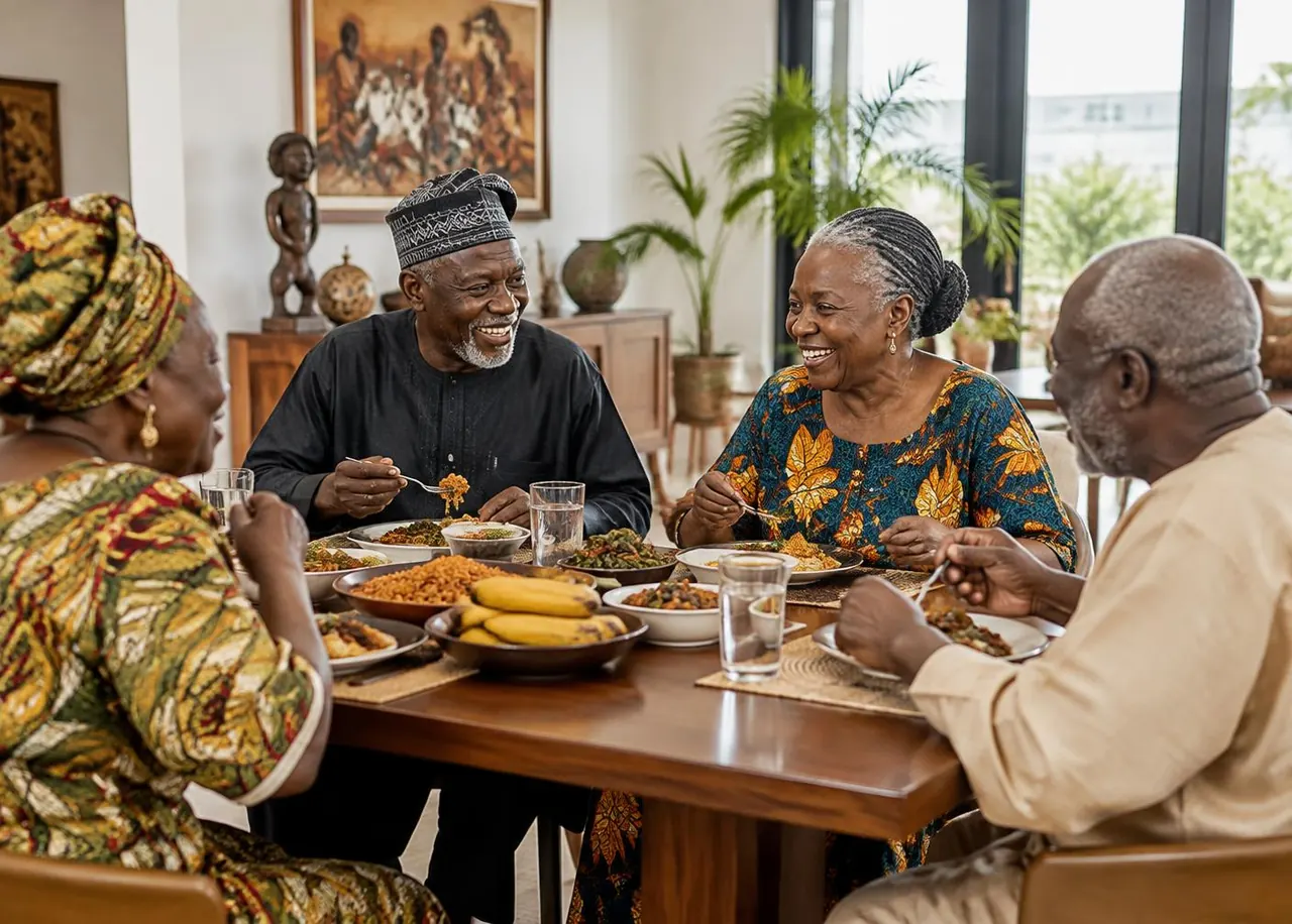 Older Nigerian adults enjoying a shared meal together