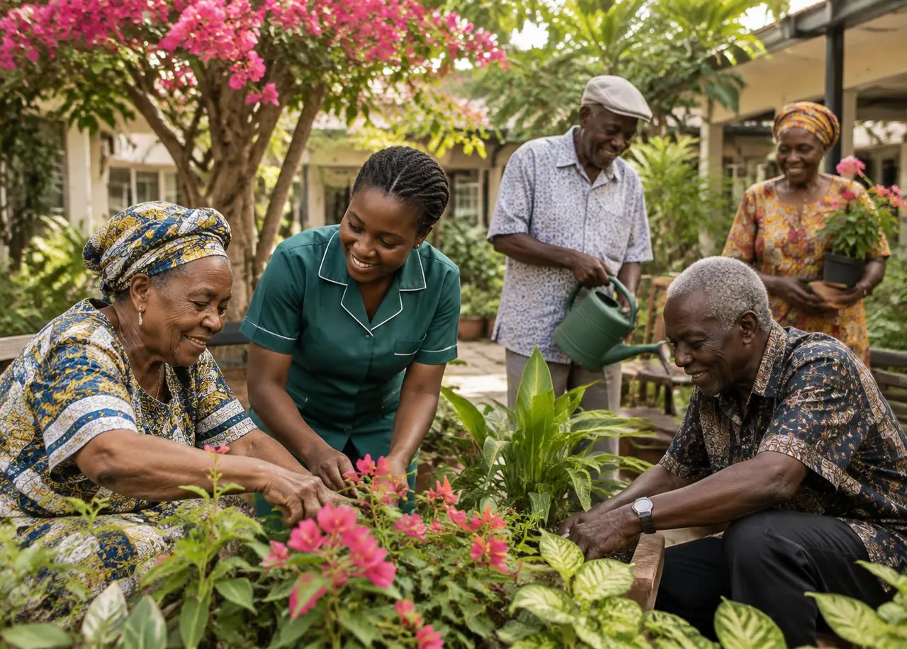 Older Nigerian adults gardening with a care professional