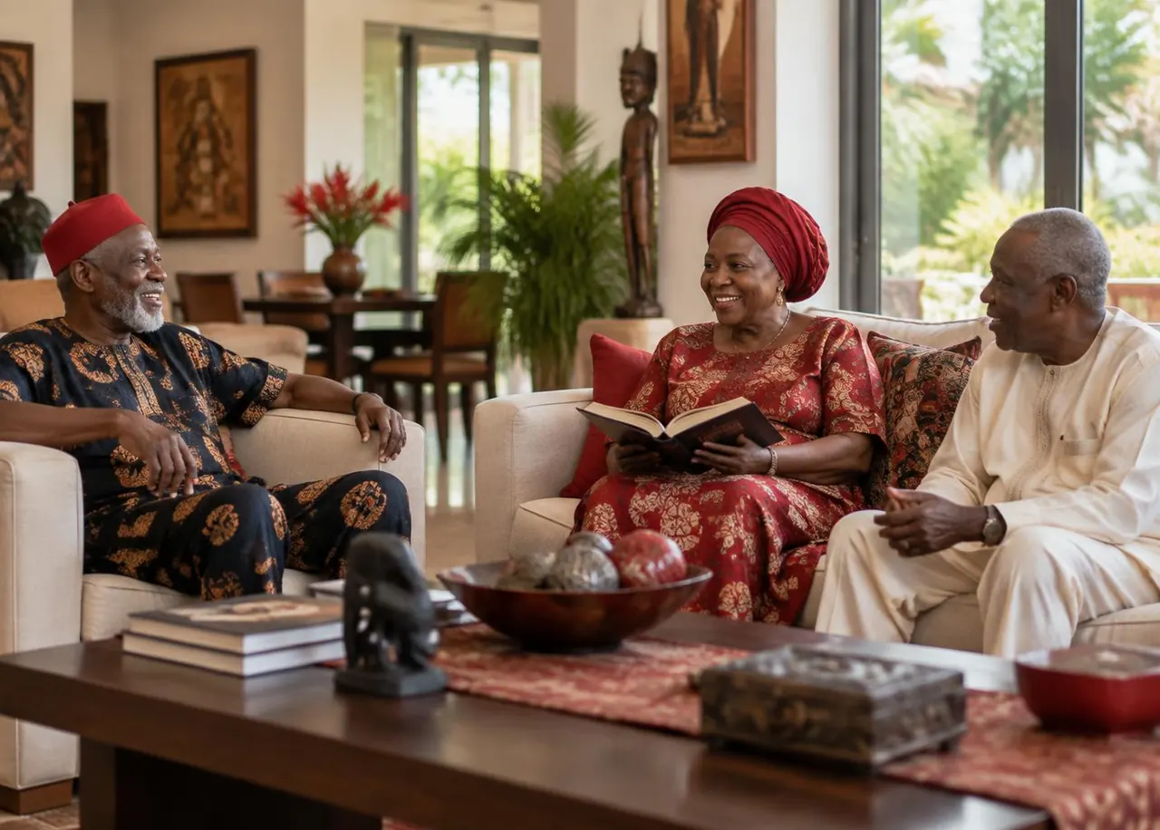 Older Nigerian adults relaxing together in a shared lounge
