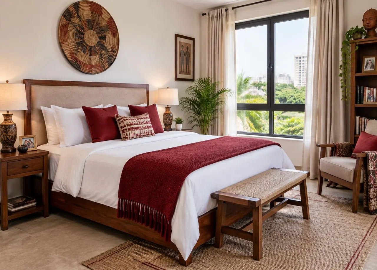 A private bedroom with Nigerian craft details and a garden view