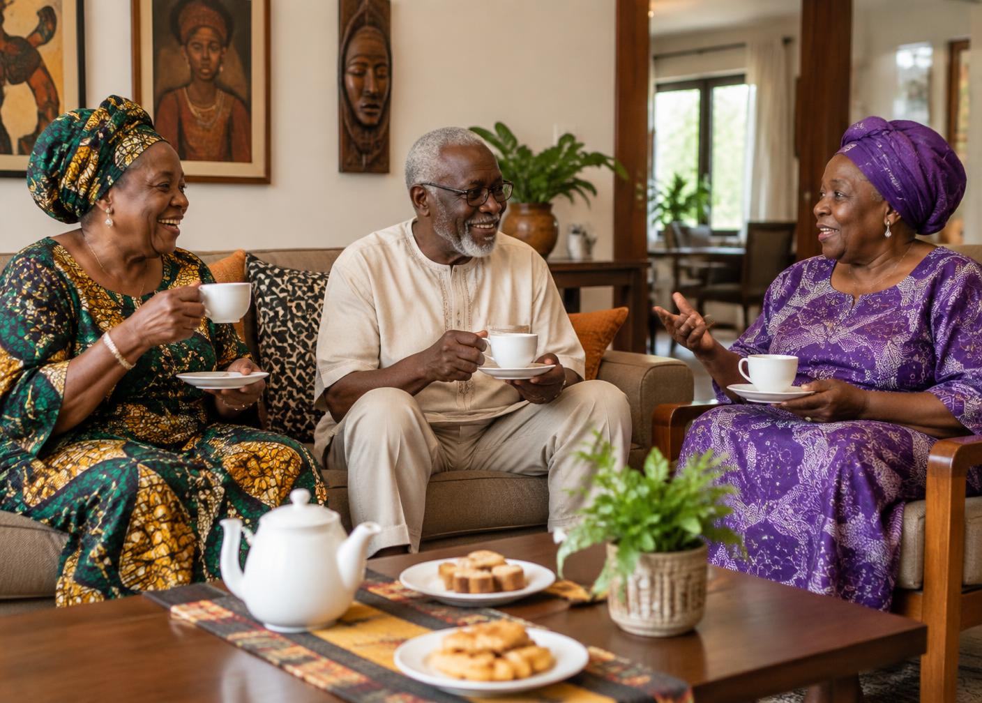 Three older Nigerian friends sharing tea and conversation in a comfortable lounge
